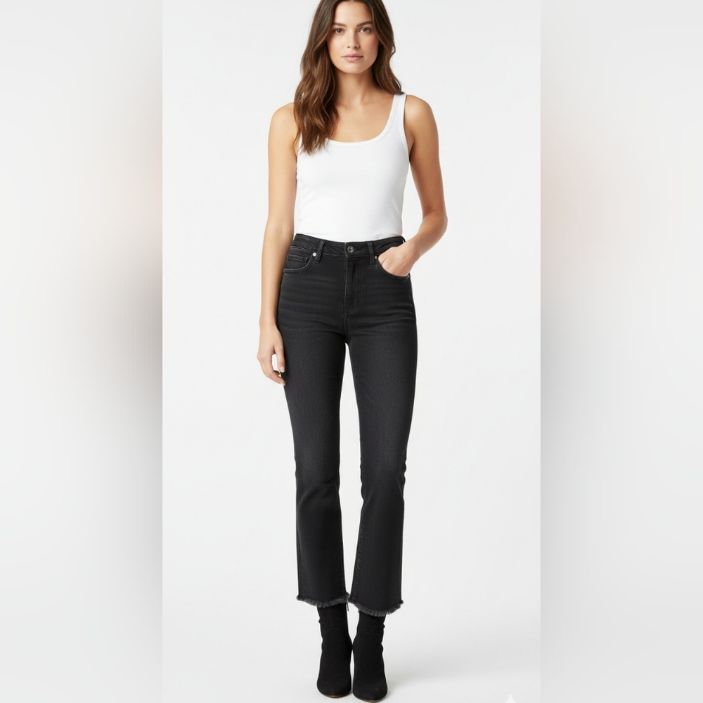 Leith High-Rise Crop Flare Jeans Denim Pants Raw Hem Distressed Stretch Black 26